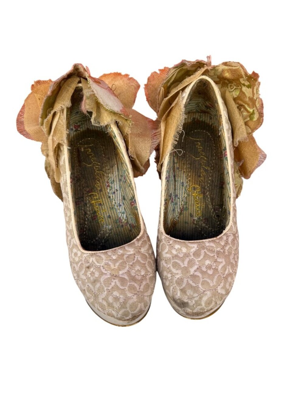 Irregular Choice Floral Lace Heels With Fabric Flowers Beige Womens Shoes Size 6